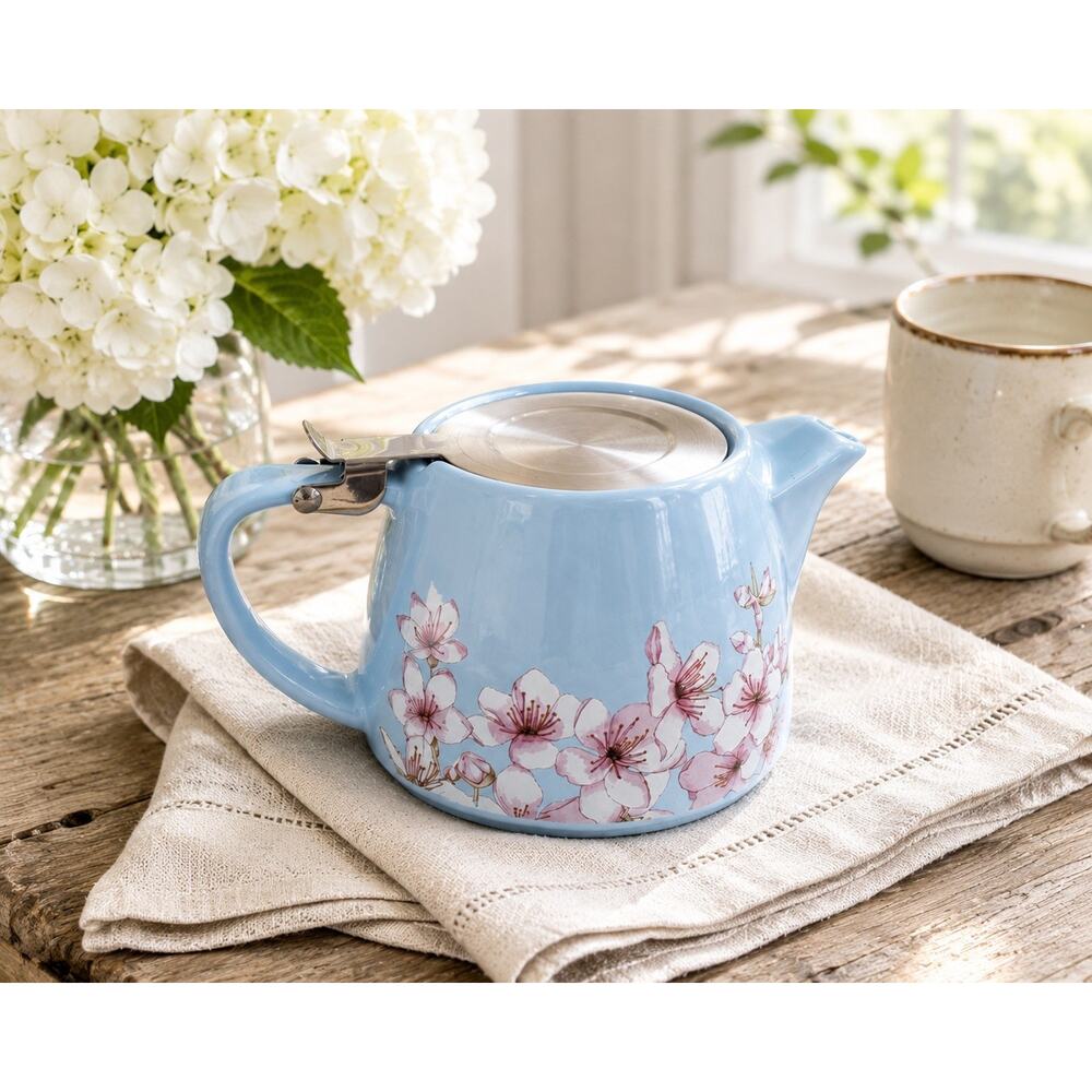 Alfred Ceramic Stainless Steel Teapot 20 oz Blue w Cherry Blossoms NIB